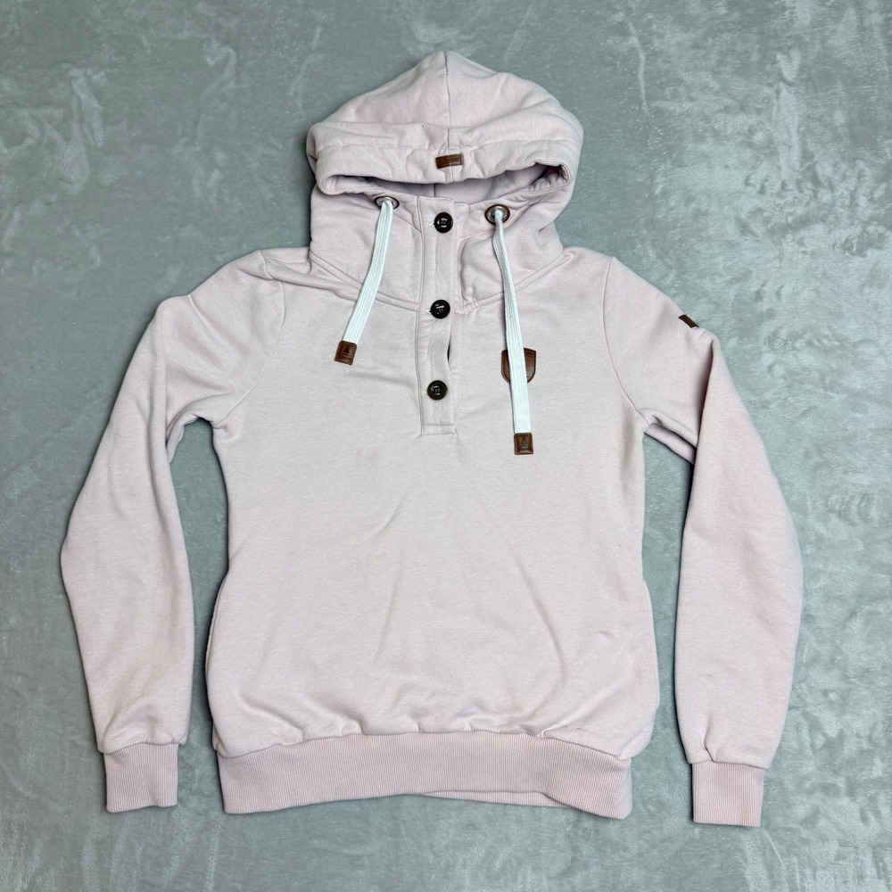 Wanakome Hestia Hoodie Womens M Light Pink Button Neck Vegan Leather Patch Cozy